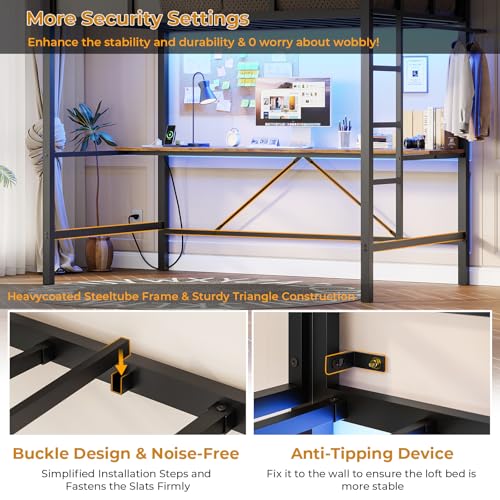 White Twin Size Metal Loft Bed with Desk and Led Lights C577980