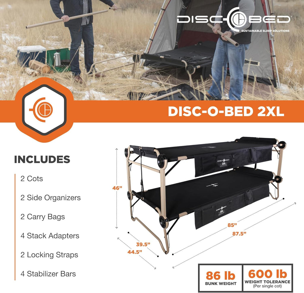 Black Outdoor Convertible 2 Person Camping Cot with 2 Side Organizers W490