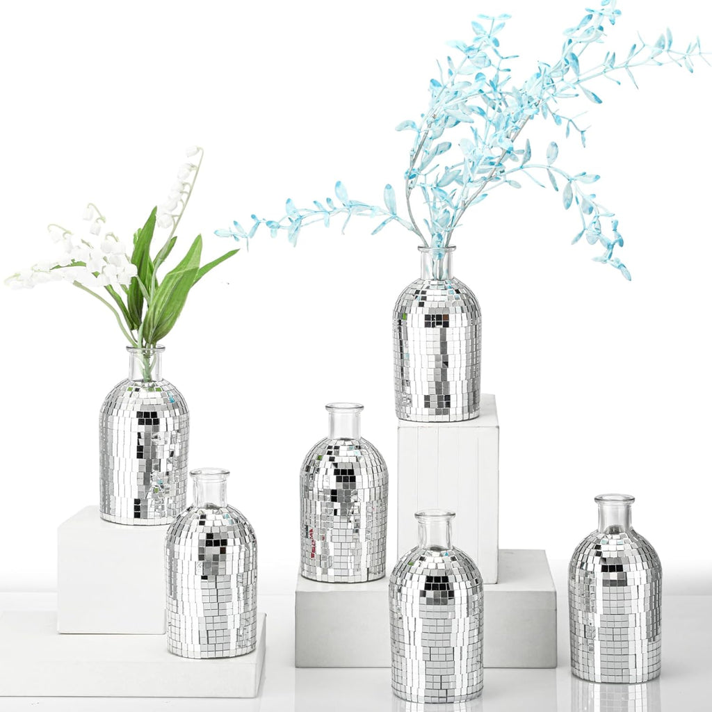 6 Pcs Disco Ball Mini Vase 5in Small Glass Bud Vase Silver Mirror Vase G9693
