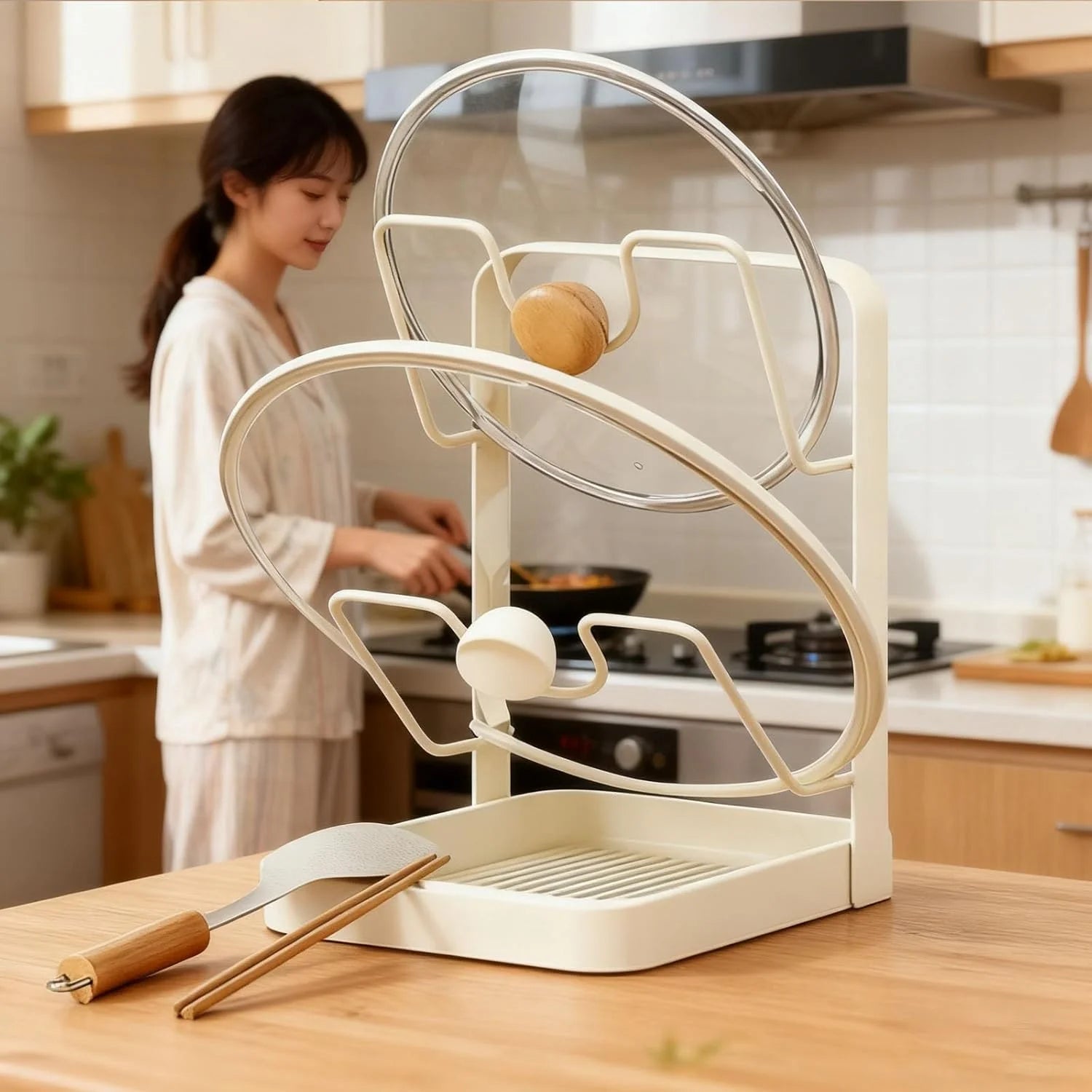 304 Stainless Steel Pot Lid Storage Rack with Removable Drip Tray V20939