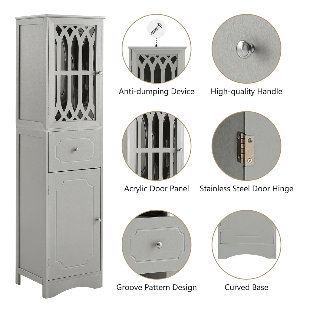 Tall Bathroom Storage Cabinet with Doors Drawers Wood Floor Freestanding Organizer S24252