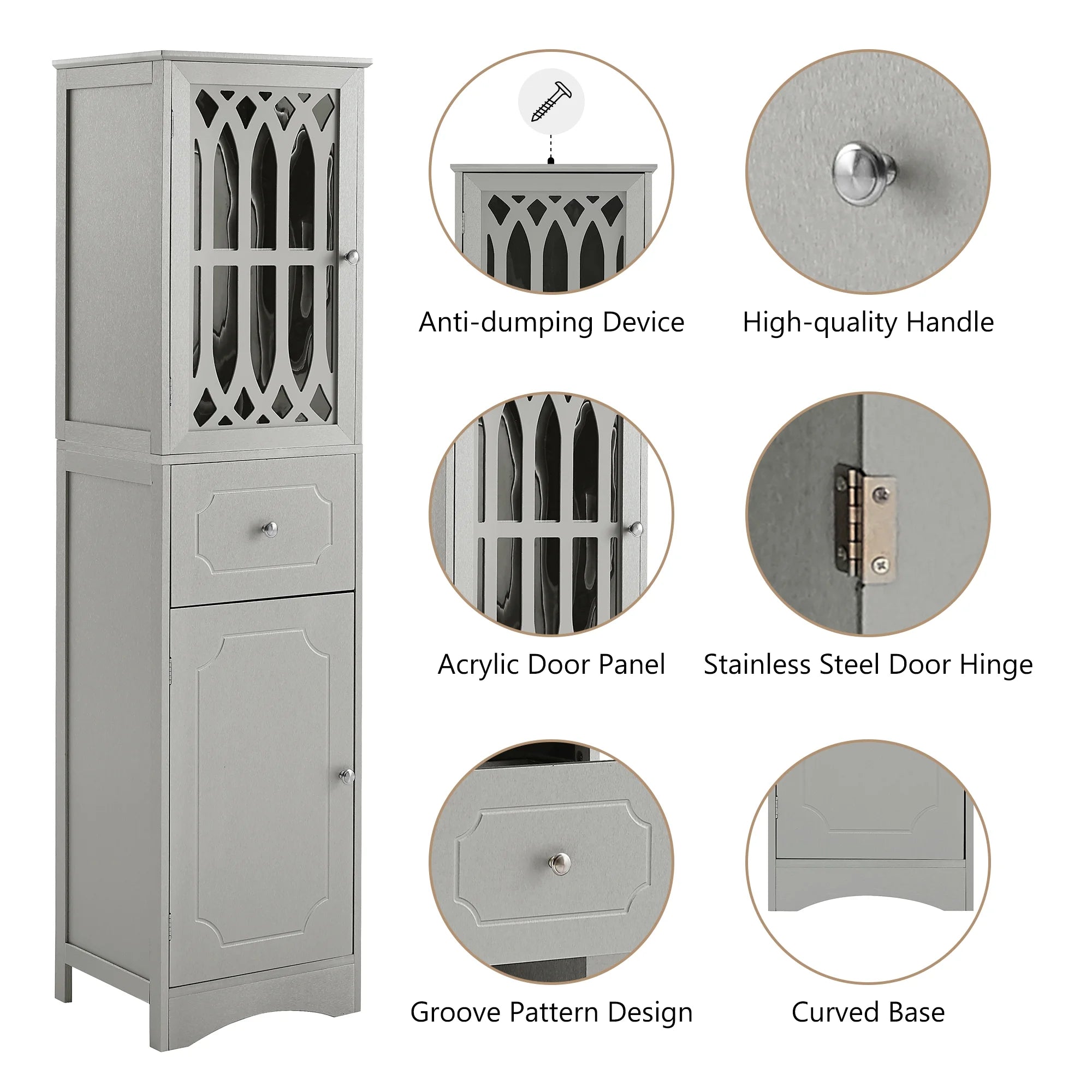 Tall Bathroom Storage Cabinet with Doors Drawers Wood Floor Freestanding Organizer S24252