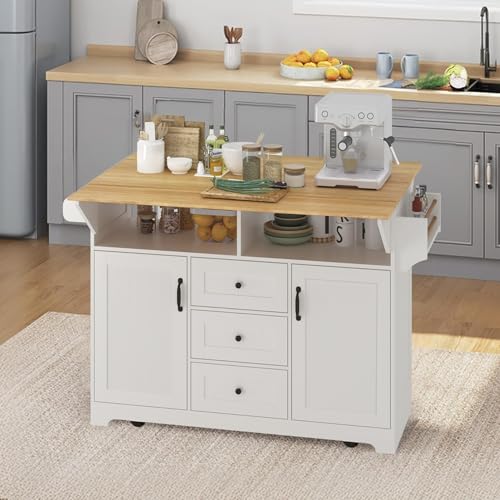 Black Kitchen Island with Drop Leaf, 3 Drawers, Power Outlet Q1280