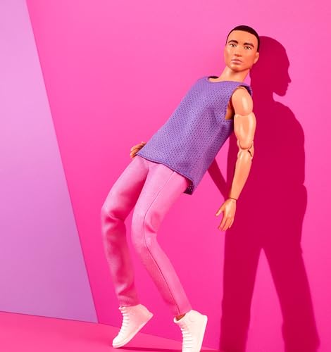 Barbie Ken Fashion Doll with Black Hair in Purple Mesh Top & Pink Trousers, Posable Collectible with Made to Move Body Z493