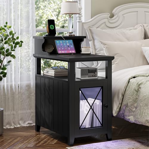 Black Farmhouse End Table with Charging Station and LED Lights C173