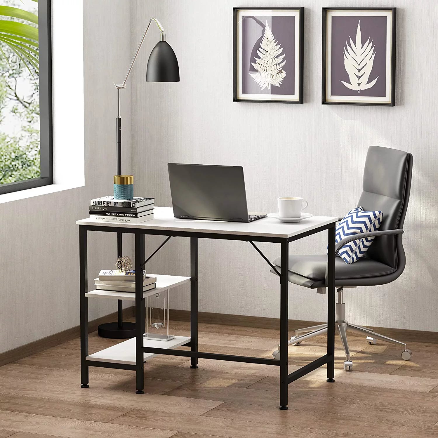 Black Oak Finish 55 inches Computer Desk with Storage Shelf M95626