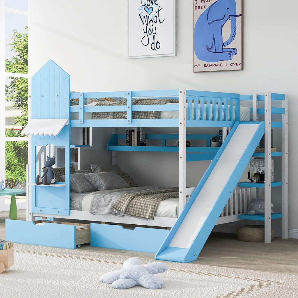 Full Over Full Solid Wood Bunk Bed with Stairs and Slide and Storage Drawers and Bookshelf (Blue) U370
