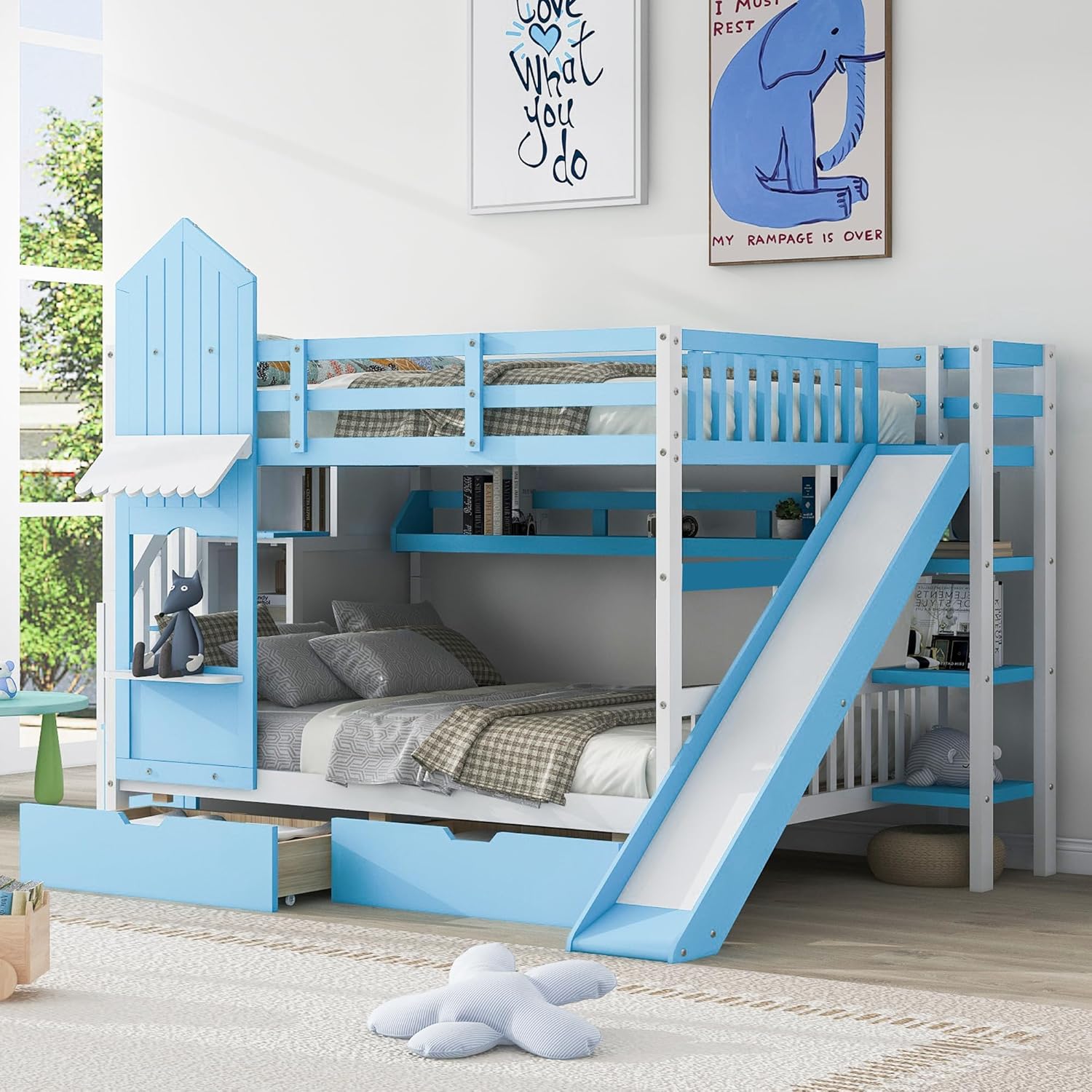 Full Over Full Solid Wood Bunk Bed with Stairs and Slide and Storage Drawers and Bookshelf (Blue) U370