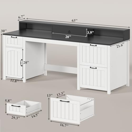 White 63" Wood Desk with File Drawer and Monitor Stand T790