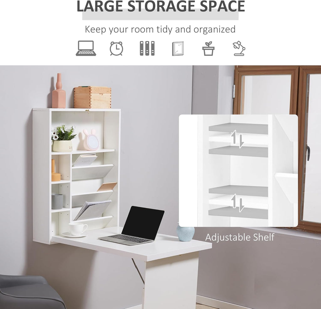 White Wall Mounted Fold Out Desk with Storage Shelf I544185