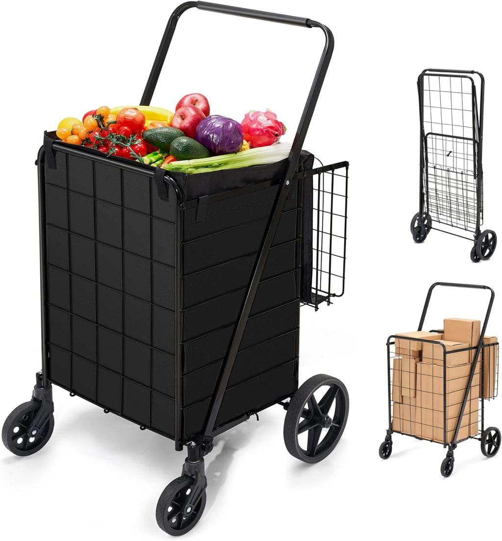 Folding Shopping Cart with Wheels Removable Oxford Cloth Liner Compact Utility Cart Black A6173