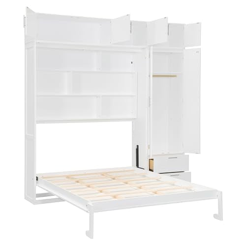 White Queen Size Murphy Bed with Shelves and Wardrobe P38948