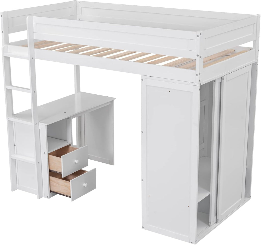 White Wooden Twin Size Loft Bed with Desk and Wardrobe T6834