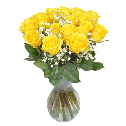 Yellow Roses and Baby's Breath Fresh Flower Bouquet with Vase S87449