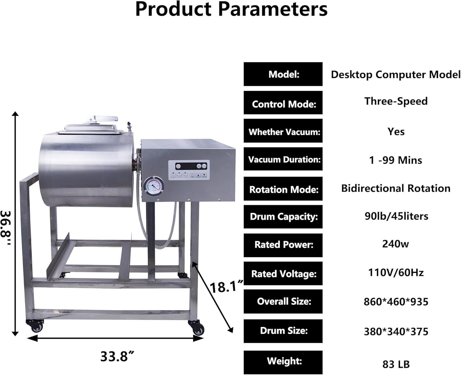 Stainless Steel Meat Tumbler 90lb Vacuum Curing Machine N7770