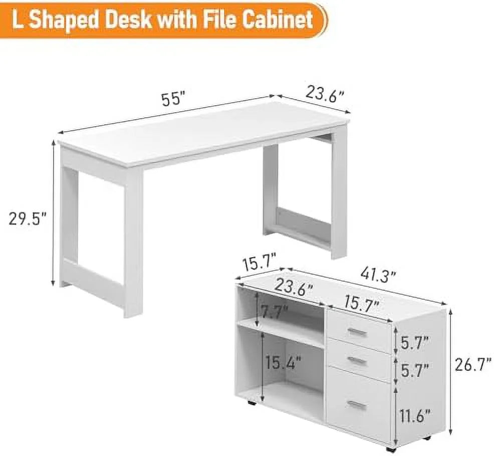 White L Shaped Corner Desk with 3 Drawers and 2 Shelves L62379