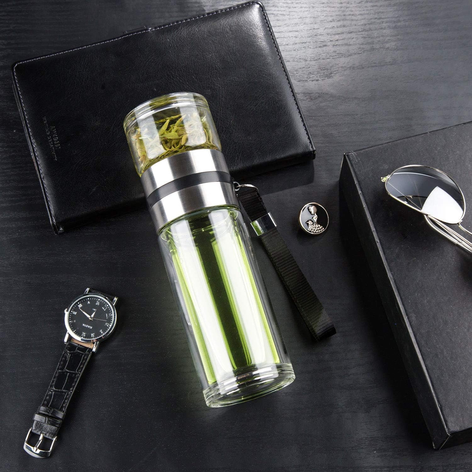 Glass Tea Infuser Bottle Double Wall Borosilicate Portable Travel Tumbler Mug Leakproof 13 OZ N347