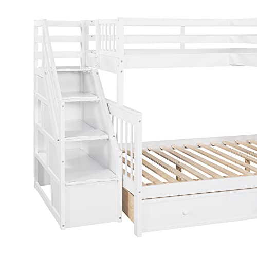 Twin over Full Triple Bunk Bed with Drawers and Stairway, L-Shaped Bunk Bed and Loft Bed Combo with Storage Compartment (Espresso) A737