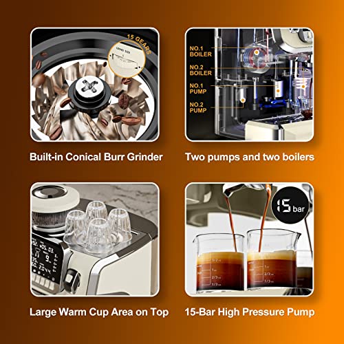 Espresso Machine with Milk Frother, Semi Automatic Coffee Machine with Grinder, 15 Bar Pressure Pump K443