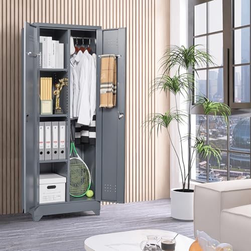 Grey-White Metal Storage Cabinet with Doors and Adjustable Shelves M595553