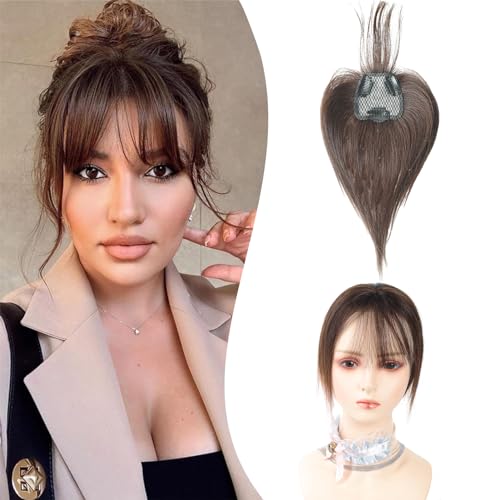 10 inch 3D French Bangs Real Human Hair Clip in Hair Topper, Brown C426