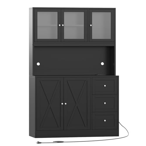 Natural Tall Kitchen Pantry Cabinet with Drawer and Glass Doors G7400
