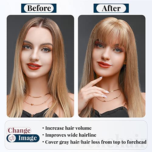 Medium Brown Mix Dark Blonde Real Remy Human Hair Topper with Bangs 38g 6inch M779503