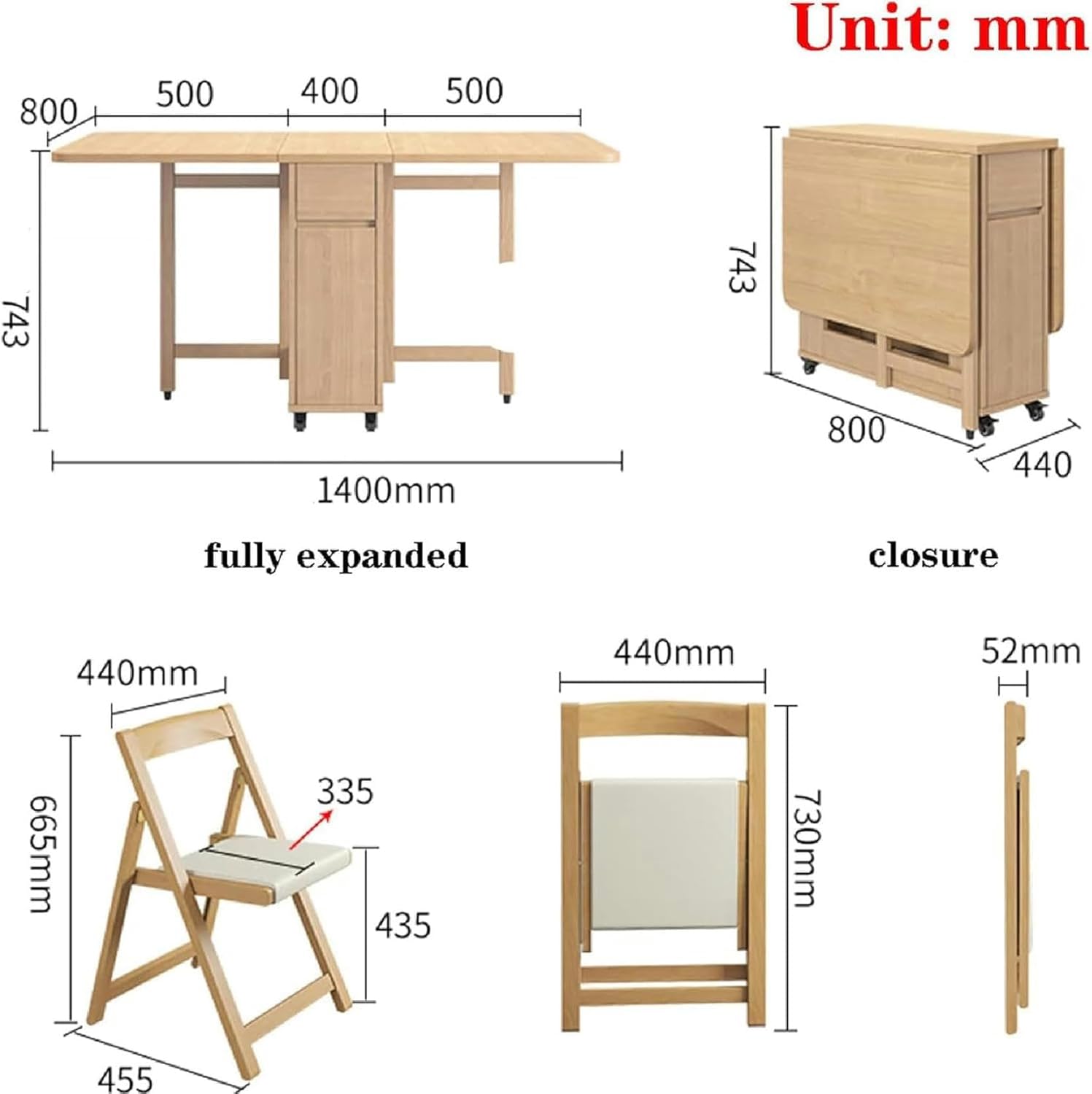 Wooden Extendable Dining Table Set with 4 Chairs, Drop Leaf Tables on Moveable Wheels and 1 Drawers L16915