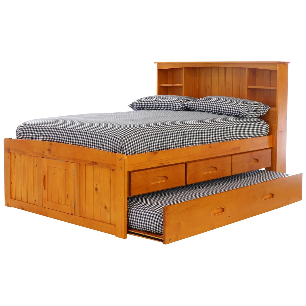 Solid Pine Full Captains Bookcase Bed with 3 Drawers and Twin Sized Trundle in Warm Honey U65643