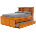 Solid Pine Full Captains Bookcase Bed with 3 Drawers and Twin Sized Trundle in Warm Honey U65643