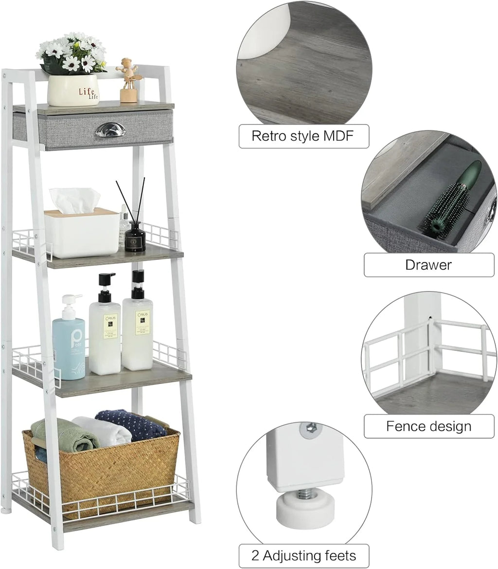 White 4 Tier Ladder Shelf with Drawer S50609