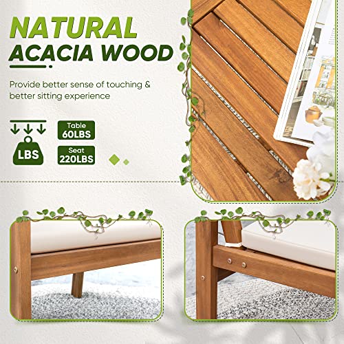 3 Piece Acacia Wood Patio Chairs with Coffee Table & Cushions I114340