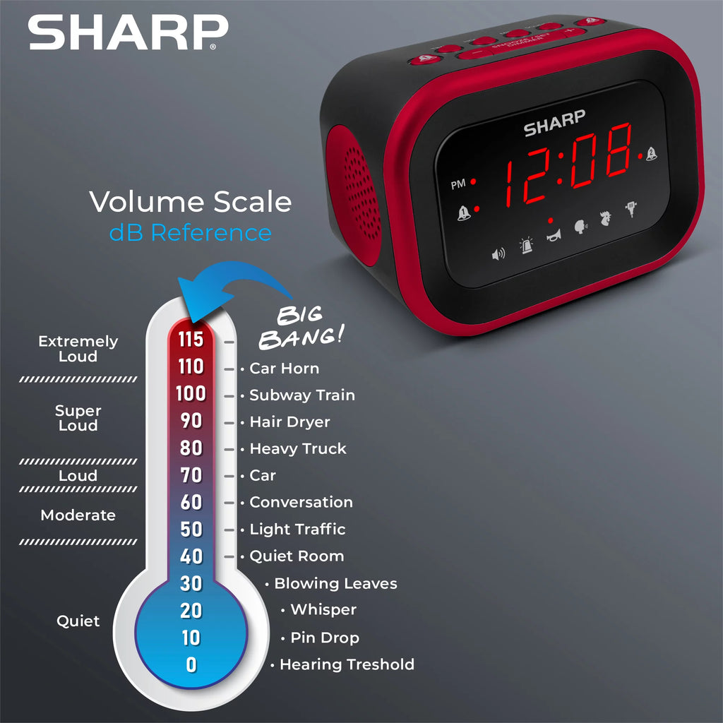 Red/Black Alarm Clock with 6 Wake Up Sounds Q729
