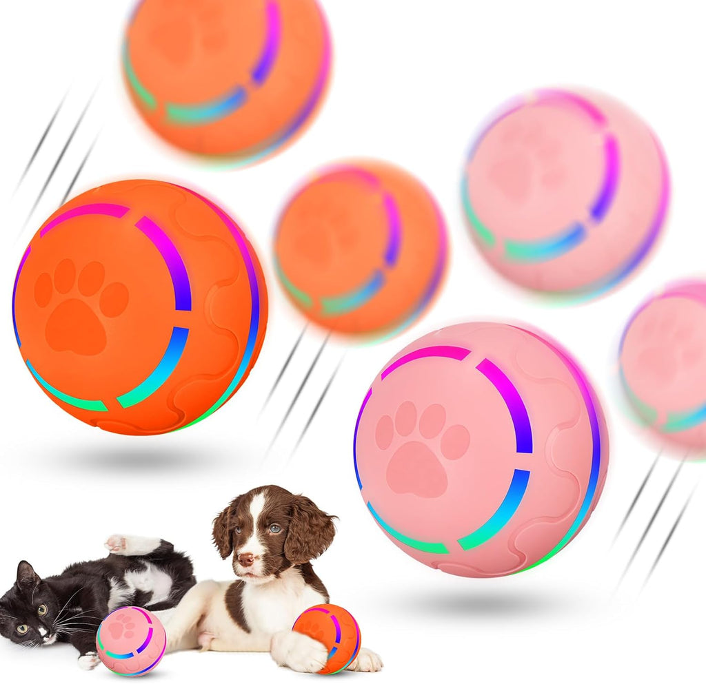 2 Pcs Interactive Dog Toys Peppy Pet Ball Moving Automatic Rolling Ball with LED Flashlight USB Rechargeable (Orange, Pink) K6407