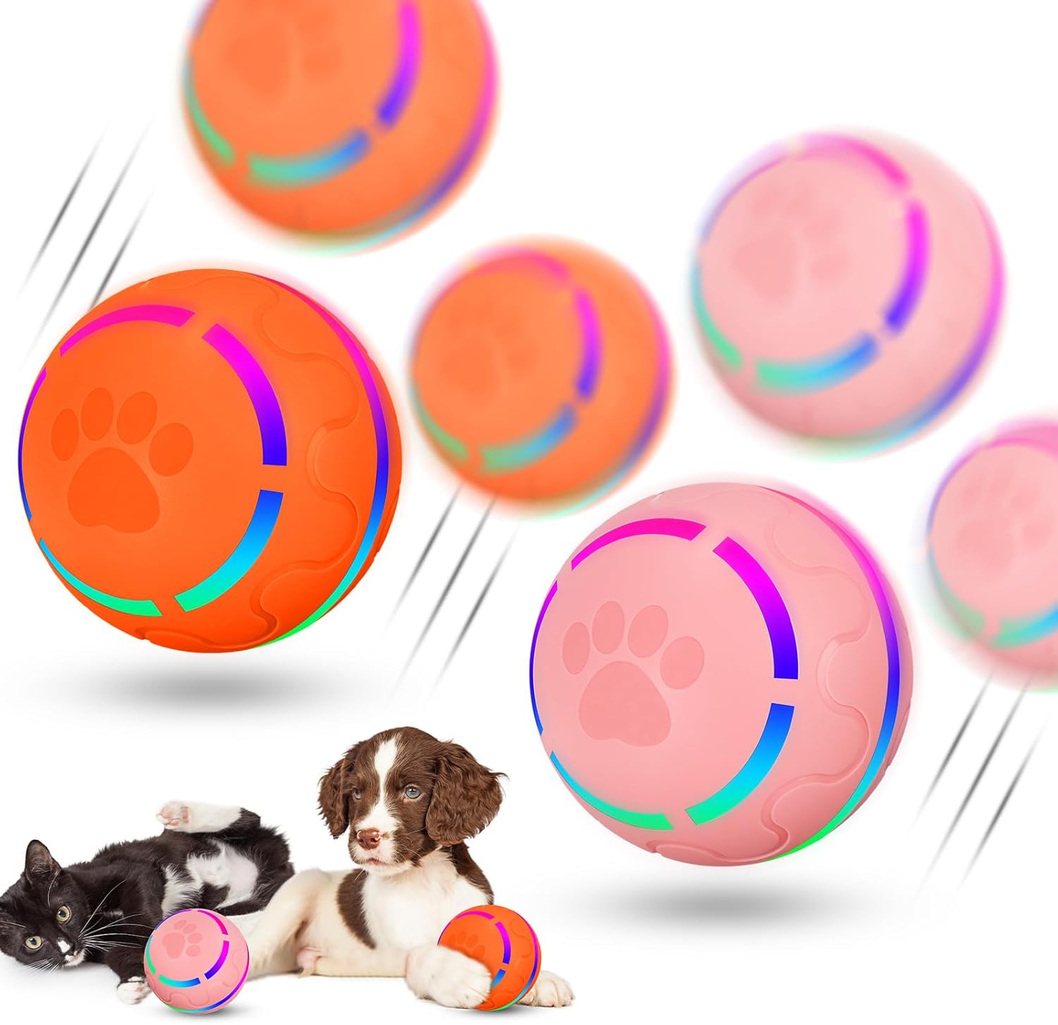2 Pcs Interactive Dog Toys Peppy Pet Ball Moving Automatic Rolling Ball with LED Flashlight USB Rechargeable (Orange, Pink) K6407