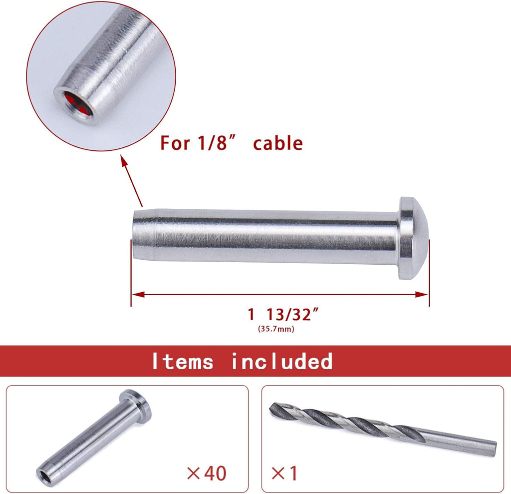 40Pack 1/8 Stemball Swage Dead End Invisible Cable Railing Kit Hardware Terminal Round Head T316 Stainless Steel D838450