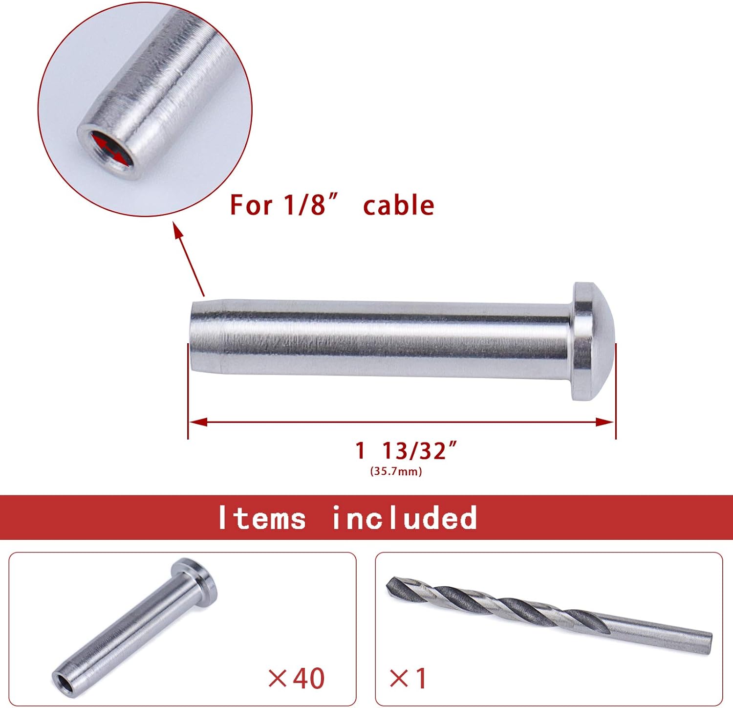 40Pack 1/8 Stemball Swage Dead End Invisible Cable Railing Kit Hardware Terminal Round Head T316 Stainless Steel D838450