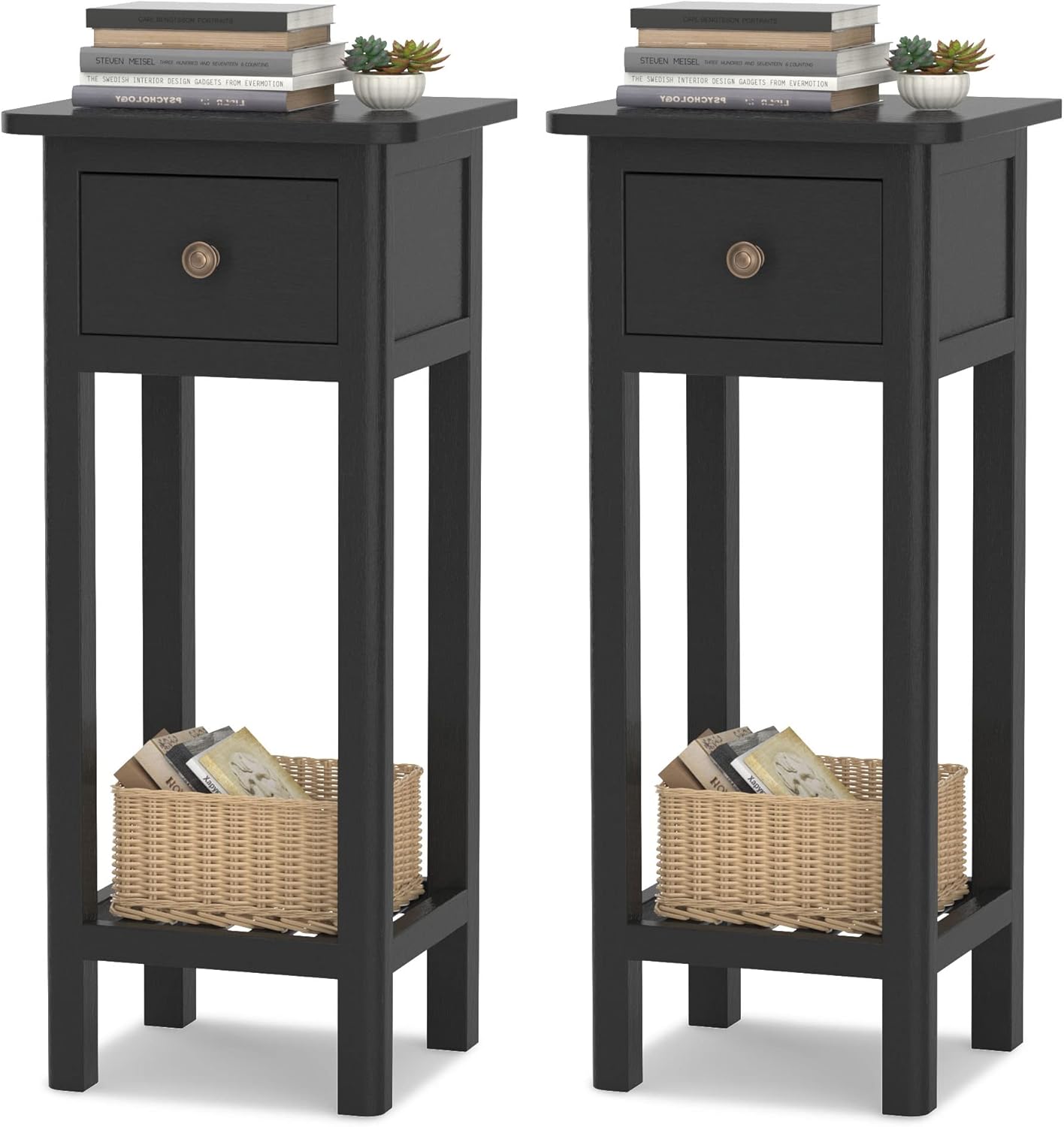 Black Narrow End Table Set of 2 with Drawer & Shelf Q8805