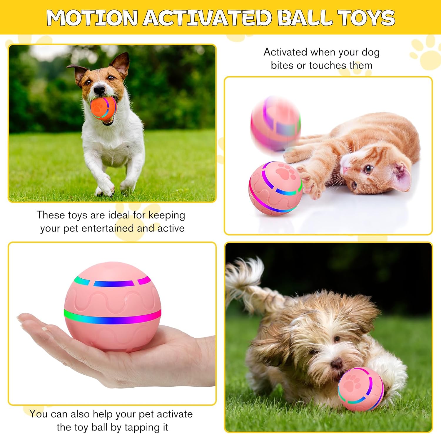 2 Pcs Interactive Dog Toys Peppy Pet Ball Moving Automatic Rolling Ball with LED Flashlight USB Rechargeable (Orange, Pink) K6407