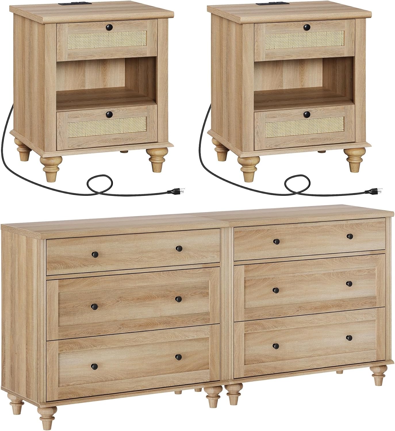 4 Piece Dresser and Nightstand Sets with Charging Station, Oak U308