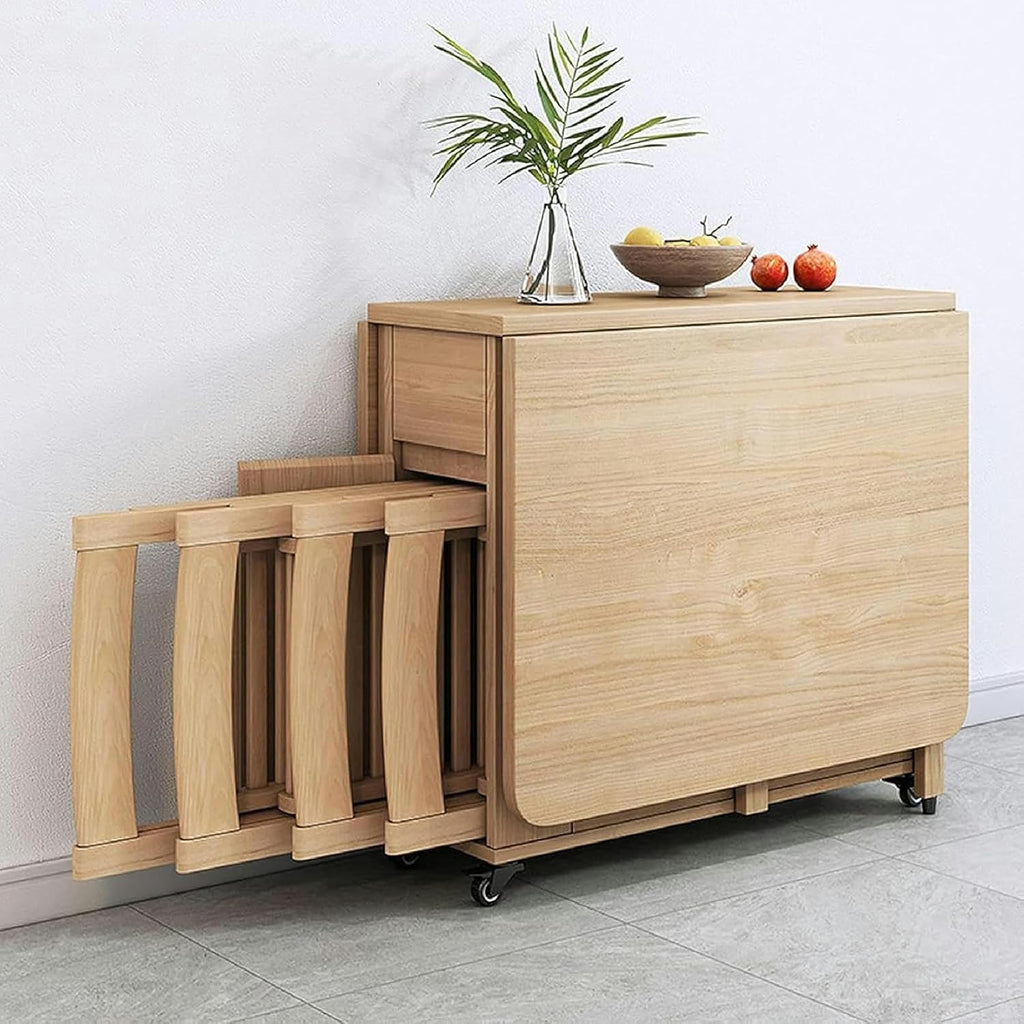 Wooden Extendable Dining Table Set with 4 Chairs, Drop Leaf Tables on Moveable Wheels and 1 Drawers L16915