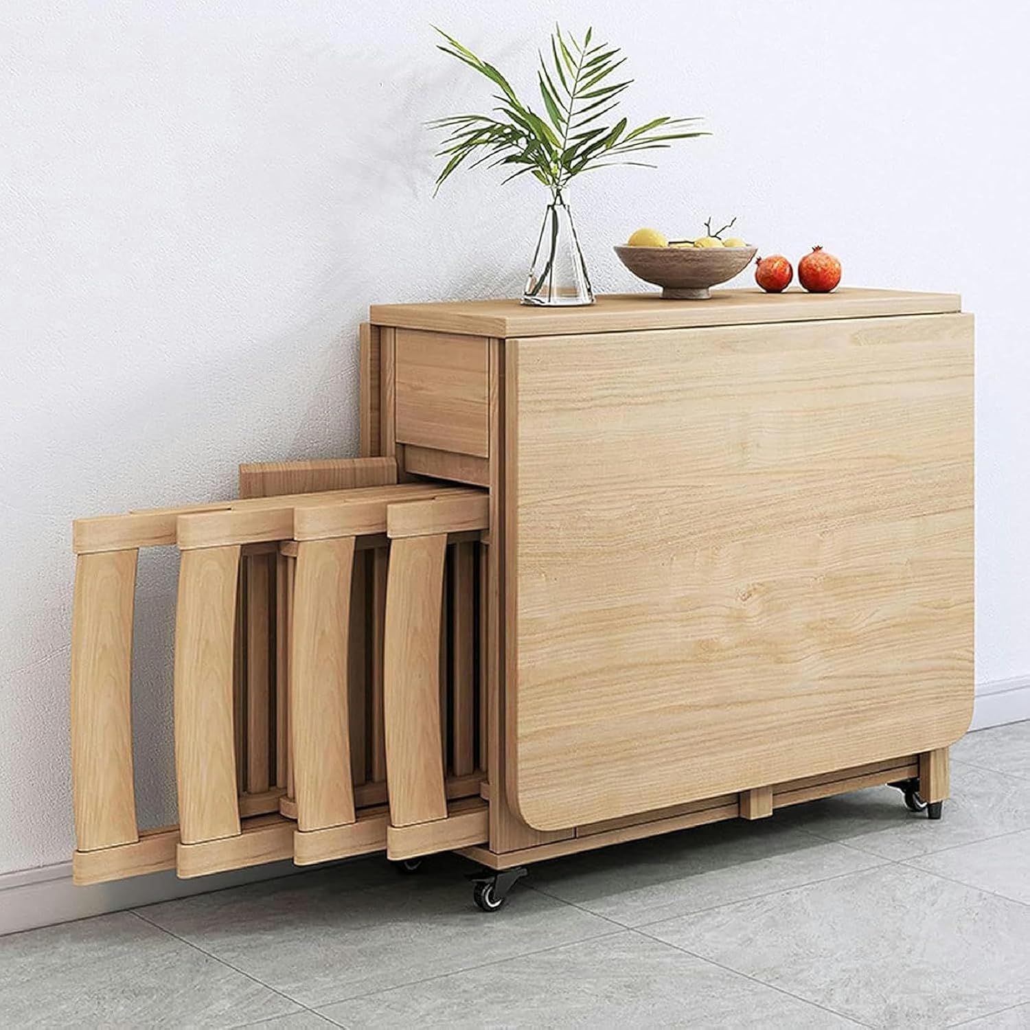 Wooden Extendable Dining Table Set with 4 Chairs, Drop Leaf Tables on Moveable Wheels and 1 Drawers L16915