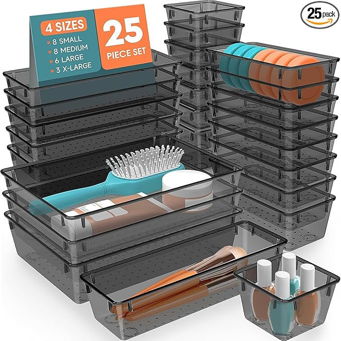 25 PCS Plastic Drawer Organizer Set, 4-Size Clear Black O978