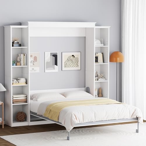 White Queen Murphy Bed Cabinet with 5-Tier Adjustable Storage Shelves L36209