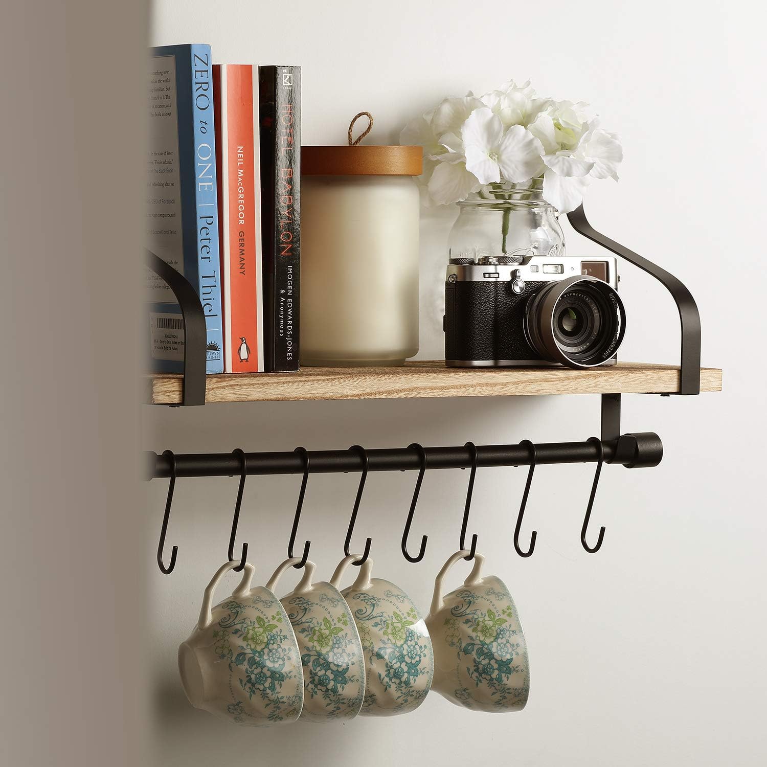 Rustic Wood Shelf with 8 Hooks X620