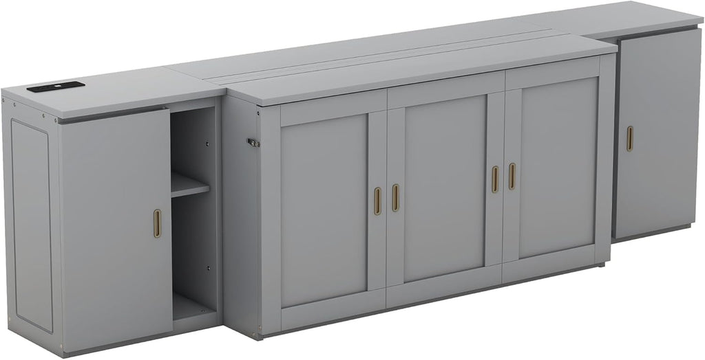 Queen Size Murphy Bed with Shelves, Cabinets and USB Ports, Gray Q16087