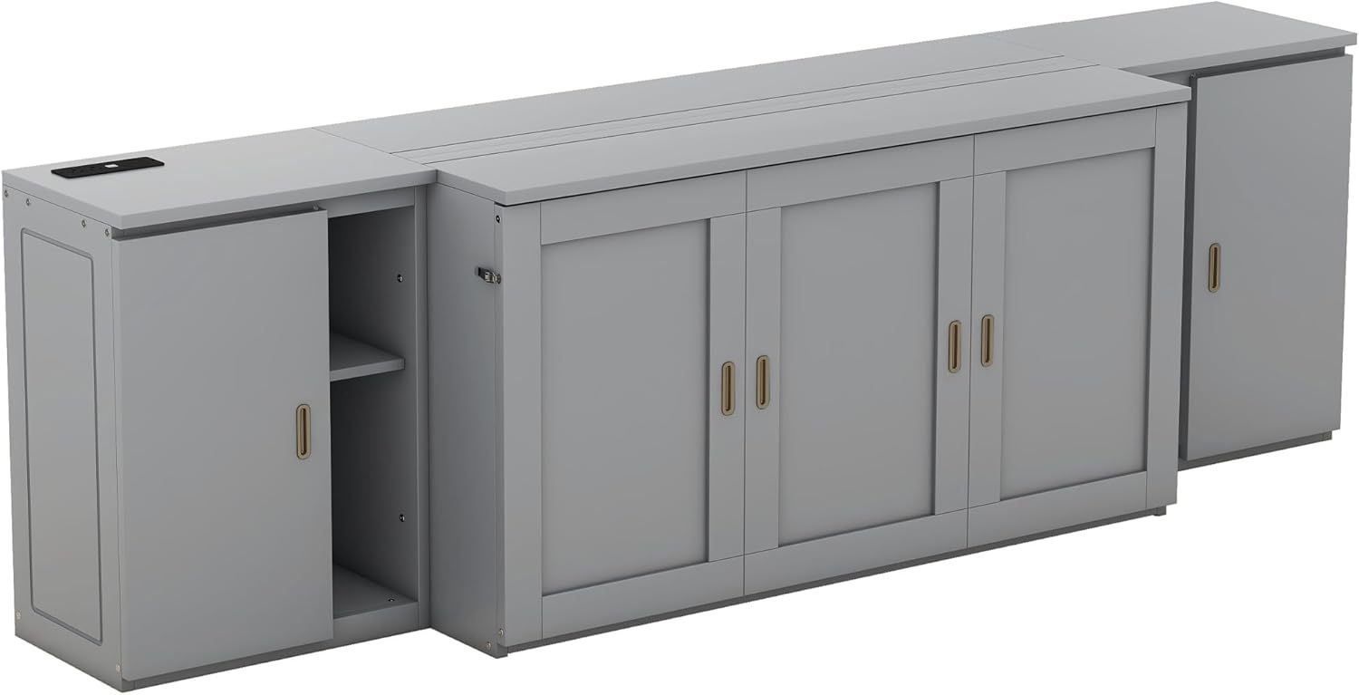 Queen Size Murphy Bed with Shelves, Cabinets and USB Ports, Gray Q16087