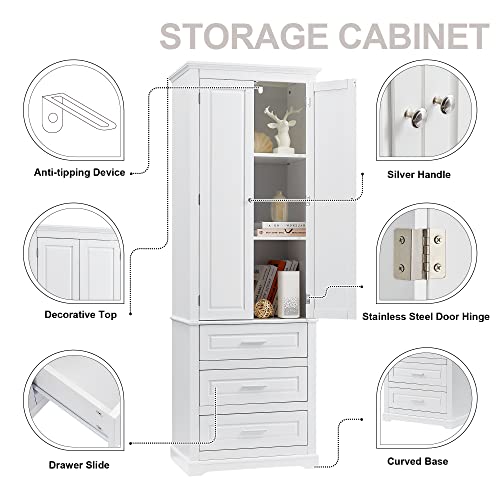 White 2 Door Tall Bathroom Storage Cabinet with 3 Drawers and Adjustable Shelves T5371
