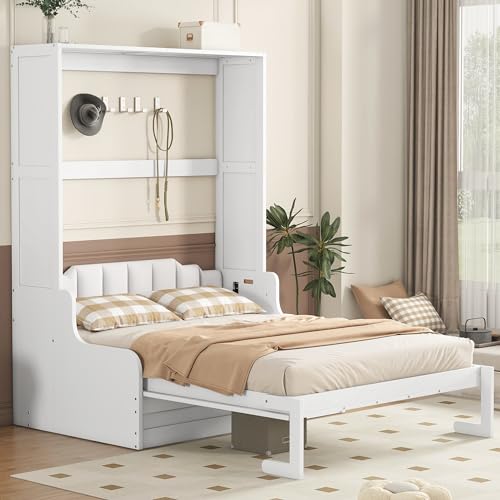 White Queen Size Wood Murphy Bed with Cushion T64867
