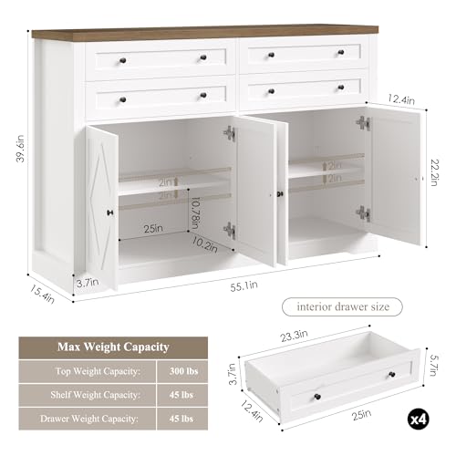 55" Coffee Bar with 4 Large Drawers, Tall Buffet Cabinet with Storage, Adjustable Shelves, Ash Grey H2885
